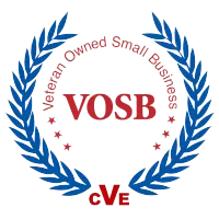 Veteran Owned Small Business seal with blue laurel wreath, red text VOSB and cVe.