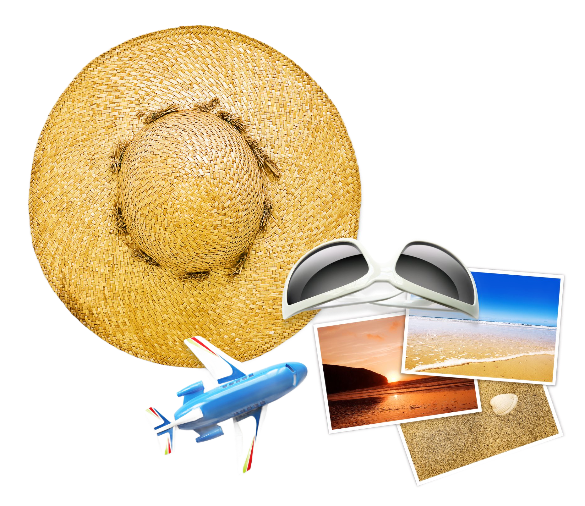 Straw hat, sunglasses, plane, photos of beach and sunset, shell.