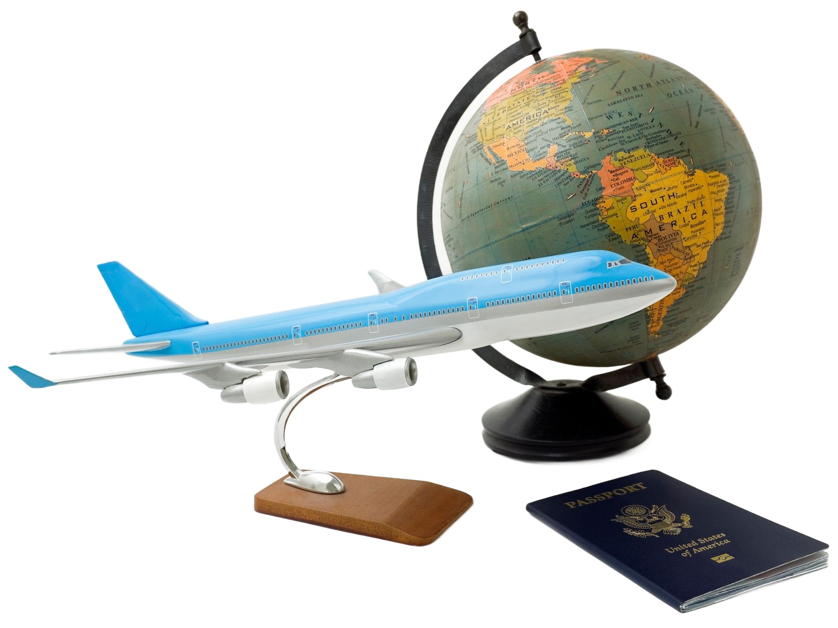 Model airplane, globe, and passport, suggesting travel.