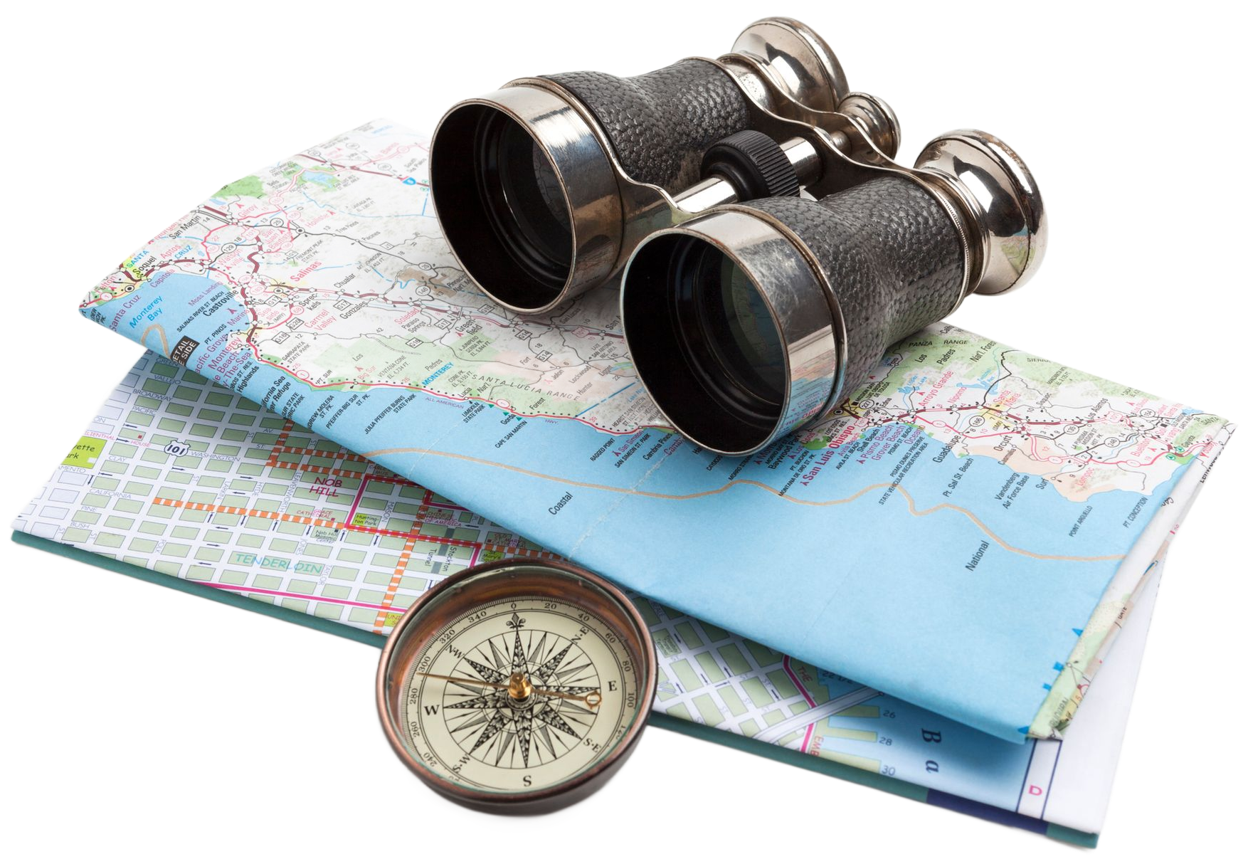 Binoculars on a folded map with a compass, suggesting travel or exploration.