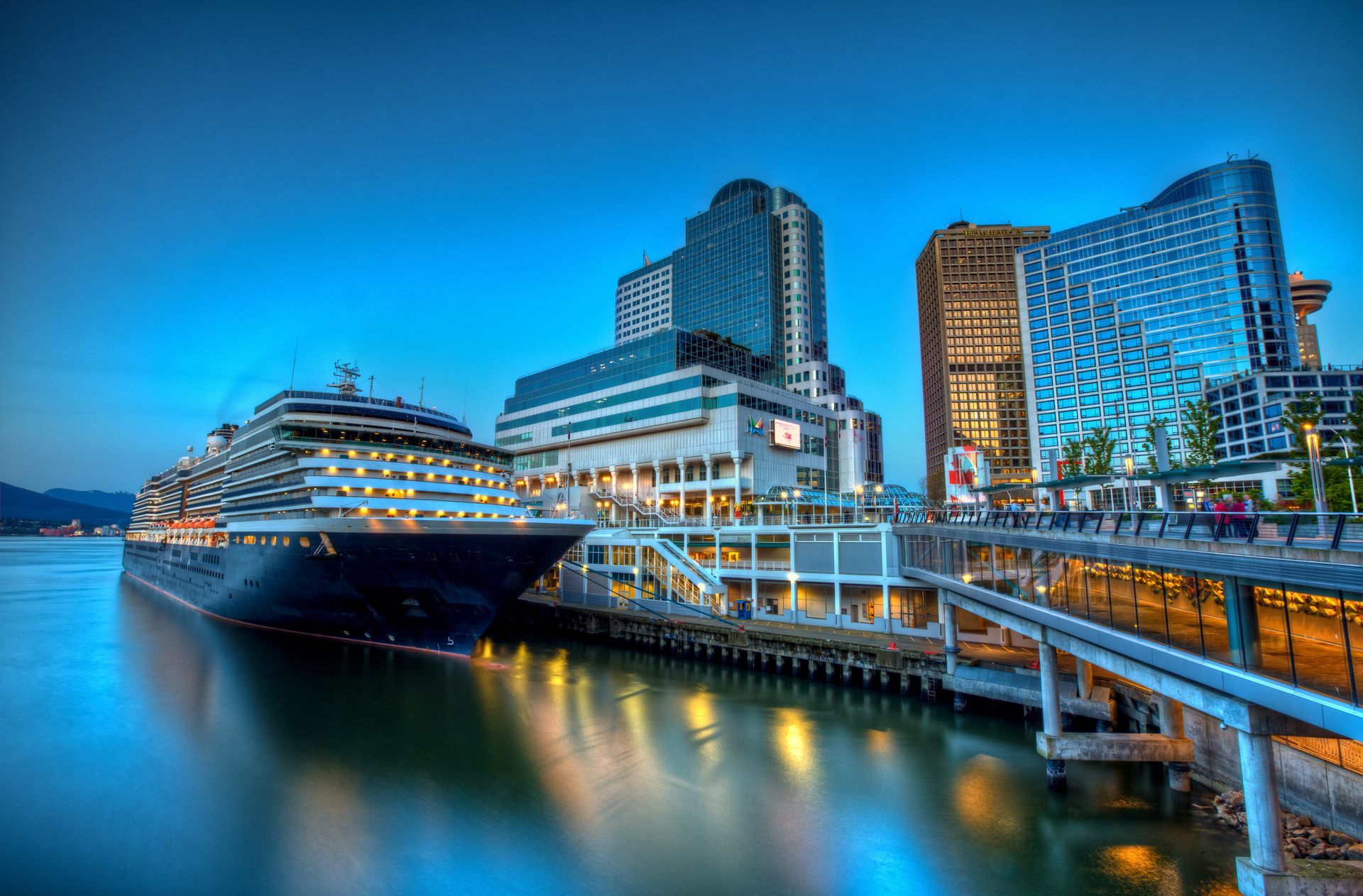 Large cruise ship docked at a pier, seen through palm trees. Water slides and decks visible.