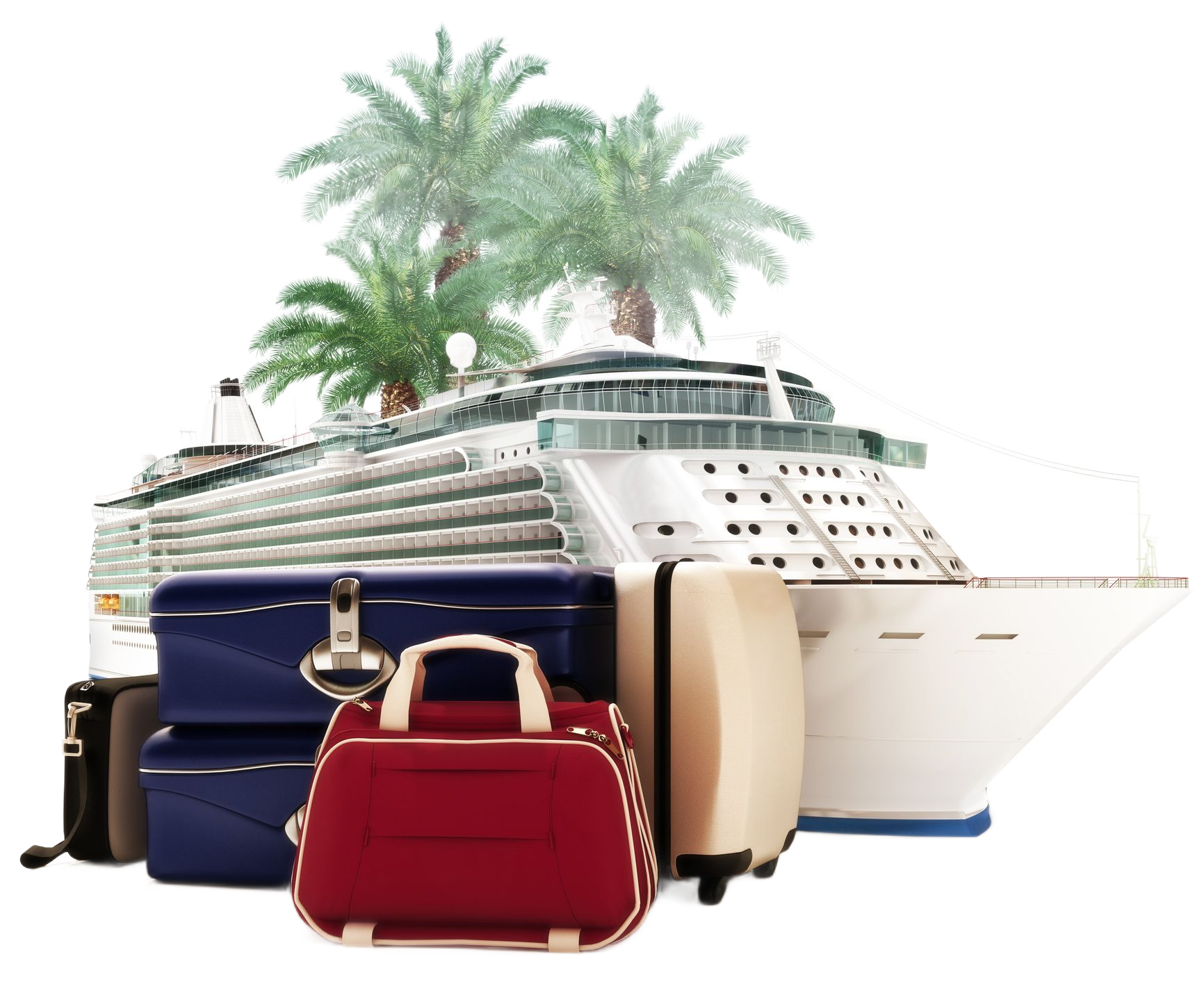 Cruise ship behind stacked luggage and palm trees.