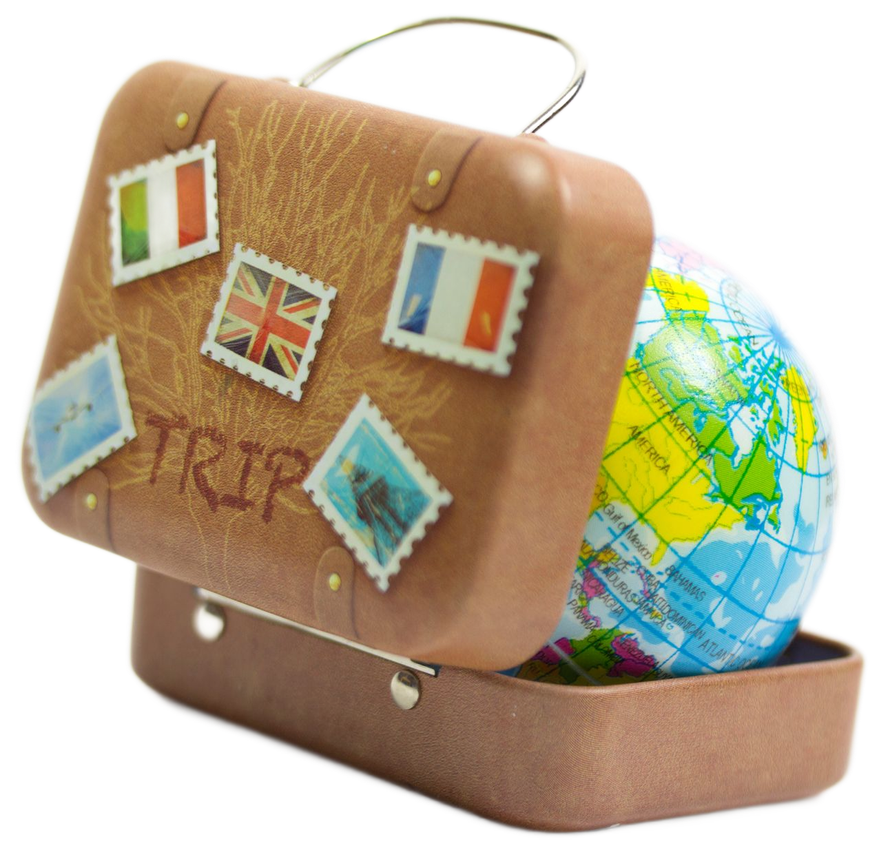 Brown suitcase with globe inside; decorated with stamps, handle up.