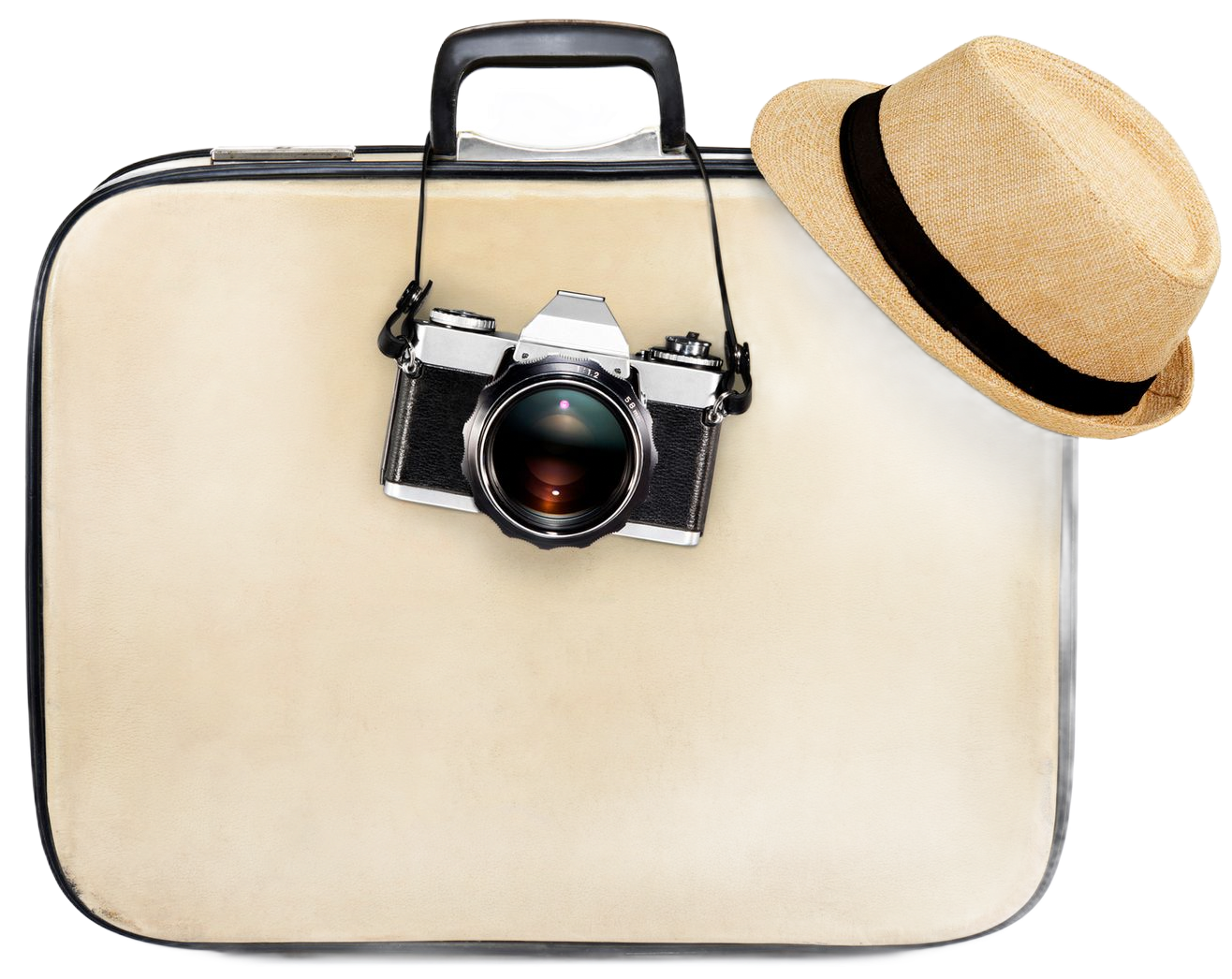 Suitcase with camera and straw hat, ready for travel.