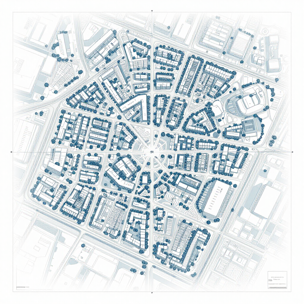Blue-toned aerial city plan map with radial streets and blocks centered on a square plaza