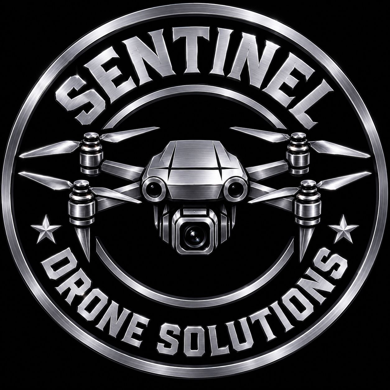 Silver circular logo reading “SENTINEL DRONE SOLUTIONS” with a drone centered on a black background