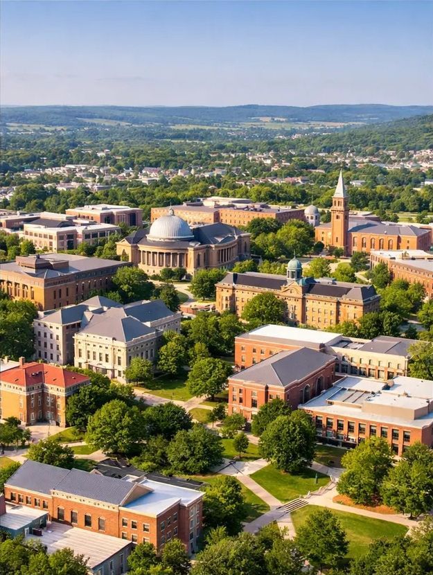 Aerial view of a campus with brick buildings, a domed structure, and a tall clock tower amid green trees.
