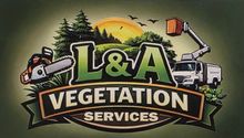 L&A Vegetation Services logo with trees, sunset, logging truck, and bucket truck in a forest scene