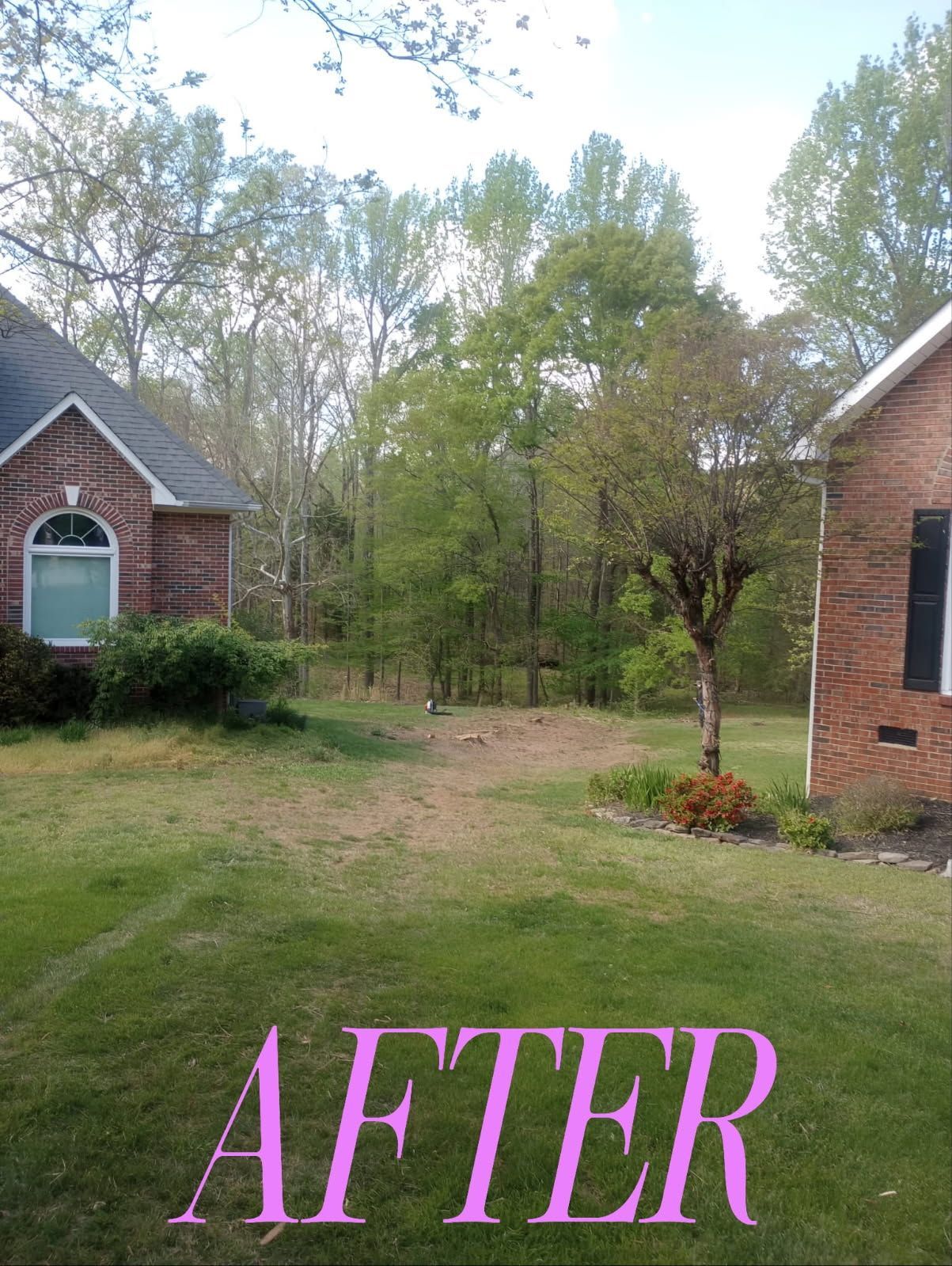 Backyard view between two brick houses with trees and grass, labeled “AFTER” at the bottom.