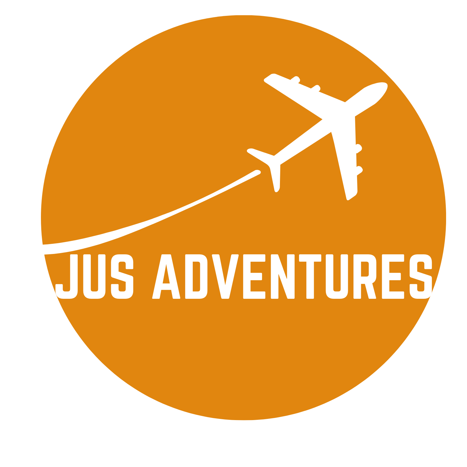 White airplane and vapor trail icon over the text 