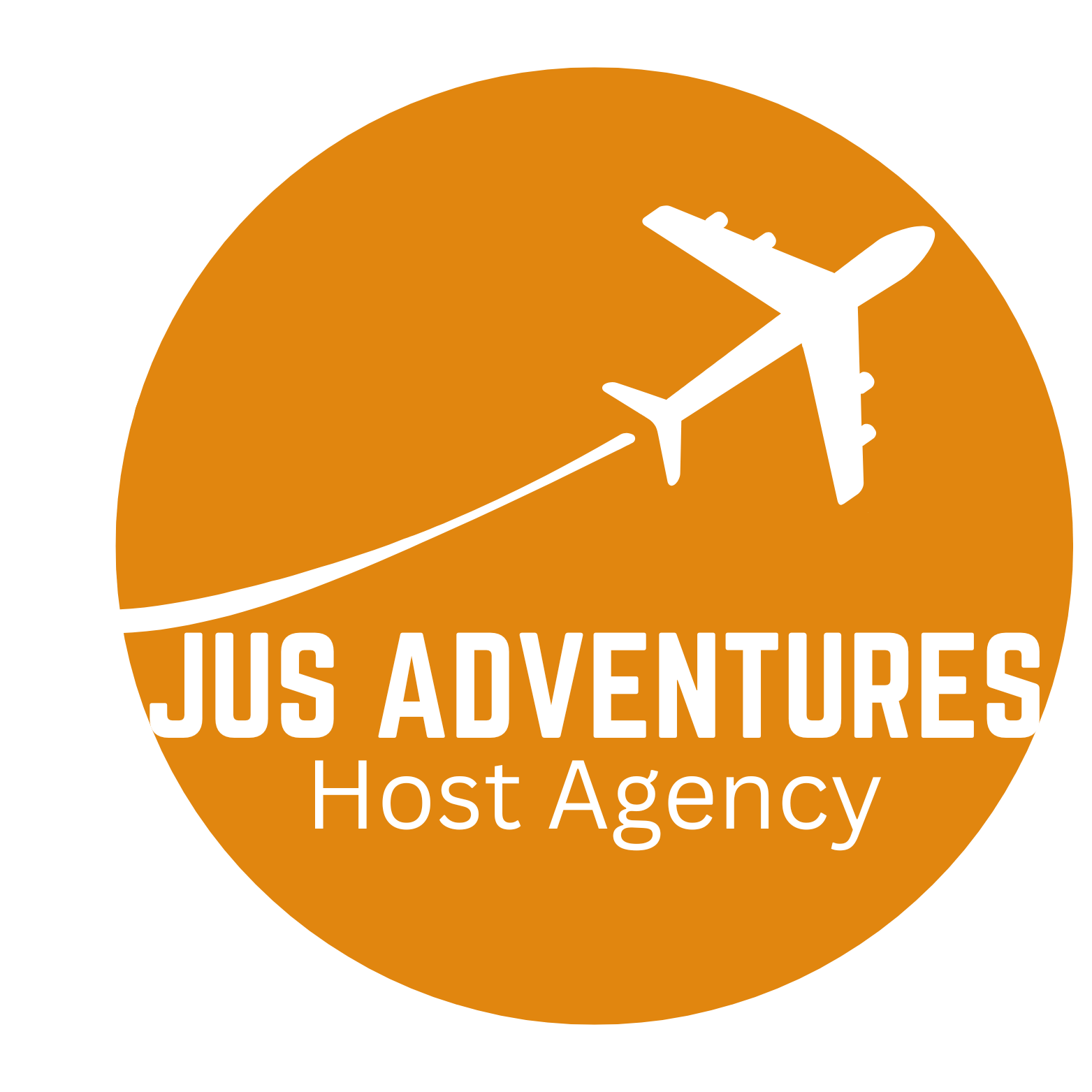 Orange circle with white airplane and text 