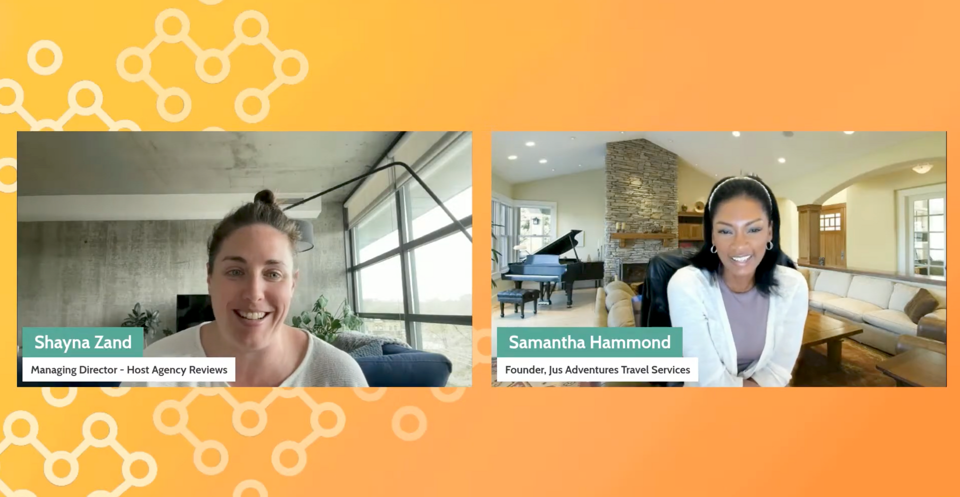 Shayna Zand and Samantha Hammond video call in side-by-side windows over an orange background.