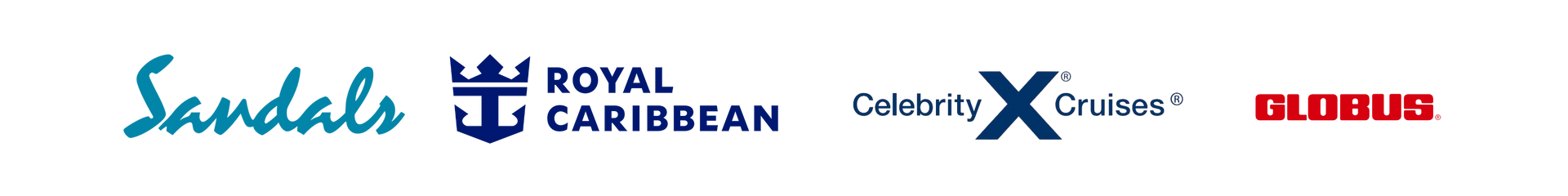 Logos for Sandals, Royal Caribbean, Celebrity Cruises, and Globus.