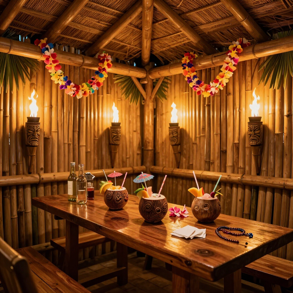 Tiki Shack escape room interior with bamboo walls, tiki torches, and a VIP party setup