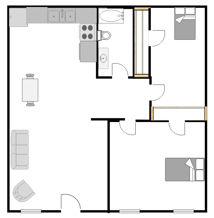 Floor plan of an apartment; living room, kitchen, bathroom, and two bedrooms are shown in gray and white.