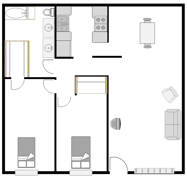 Floor plan of an apartment: two bedrooms, bathroom, kitchen, and living area.