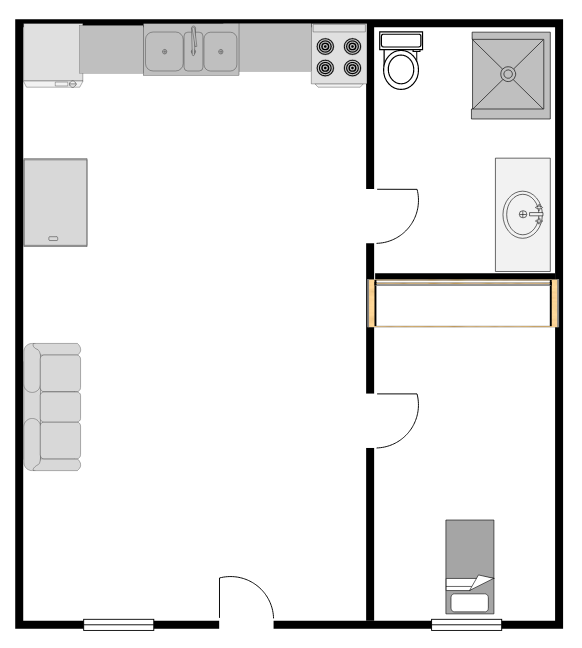 Floor plan of a small home with kitchen, bathroom, and living space; furniture is gray.