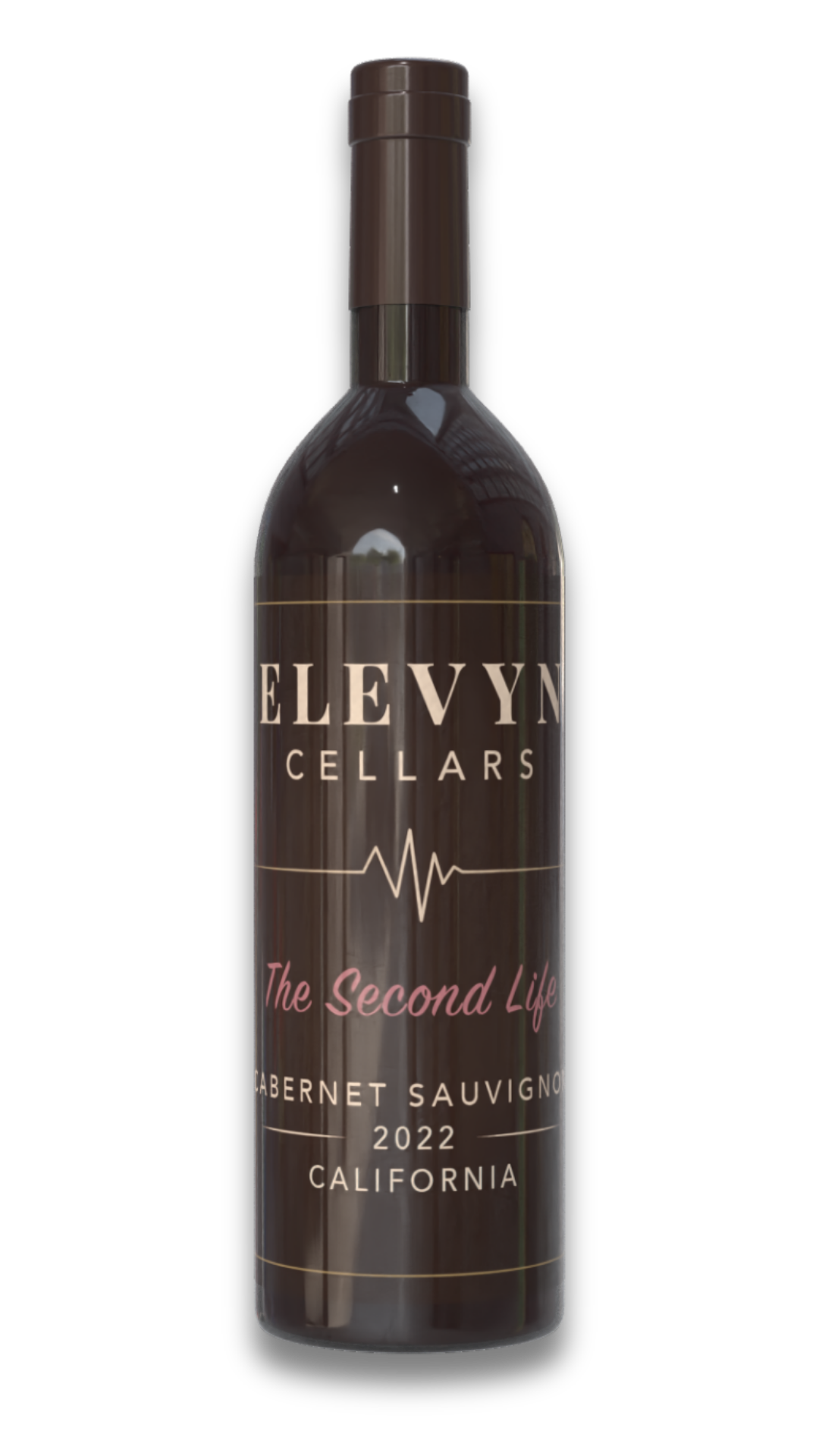 Elevy Cellars red wine bottle with dark label and brown cap, centered on white background