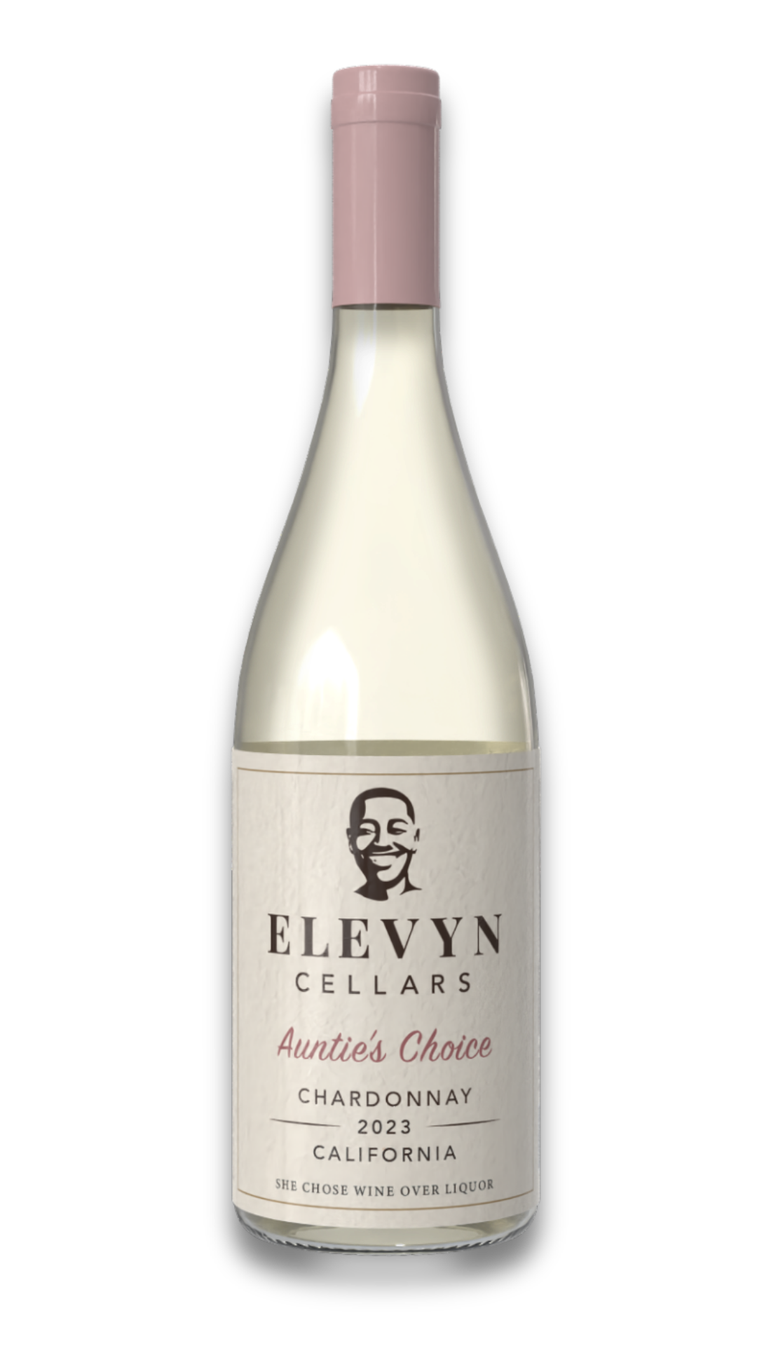 ELEVYN Cellars bottle of Santa Clara Chardonnay with pale pink cap on a white background