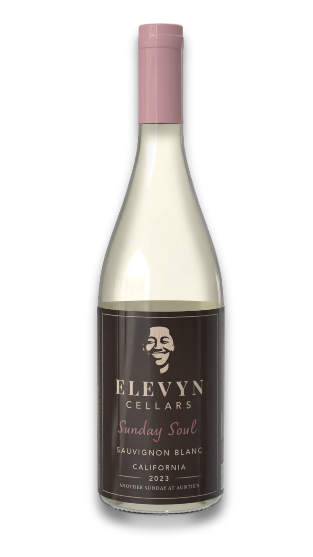 Bottle of Flevyn Cellars white wine with a pink cap on a white background