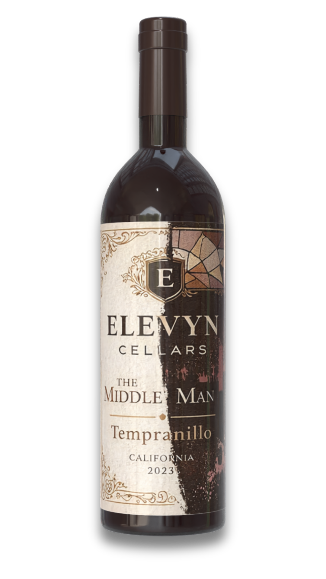 Bottle of Echelon Cellars The Middleman Tempranillo wine with cream label and dark red glass bottle
