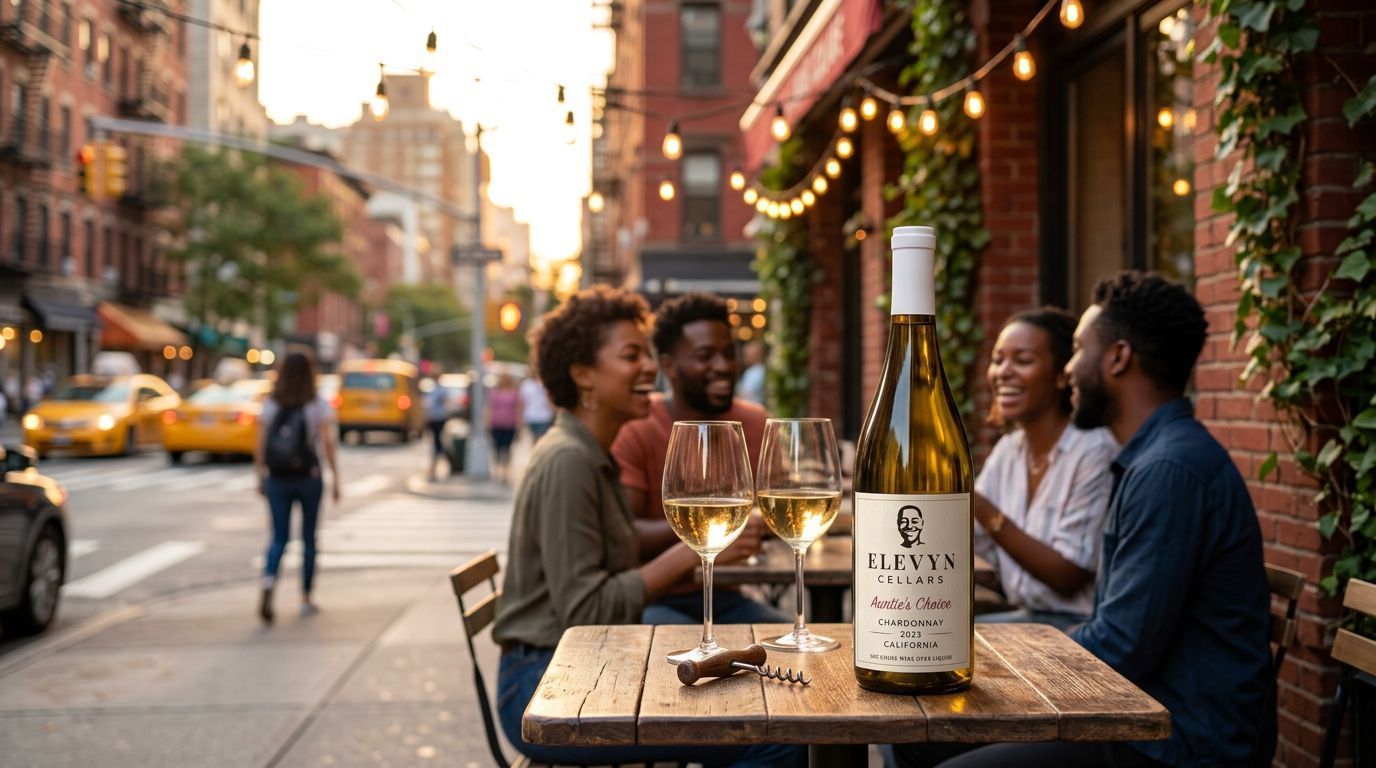 Friends chatting at an outdoor café table on a city street, with wine bottles and glasses at sunset.