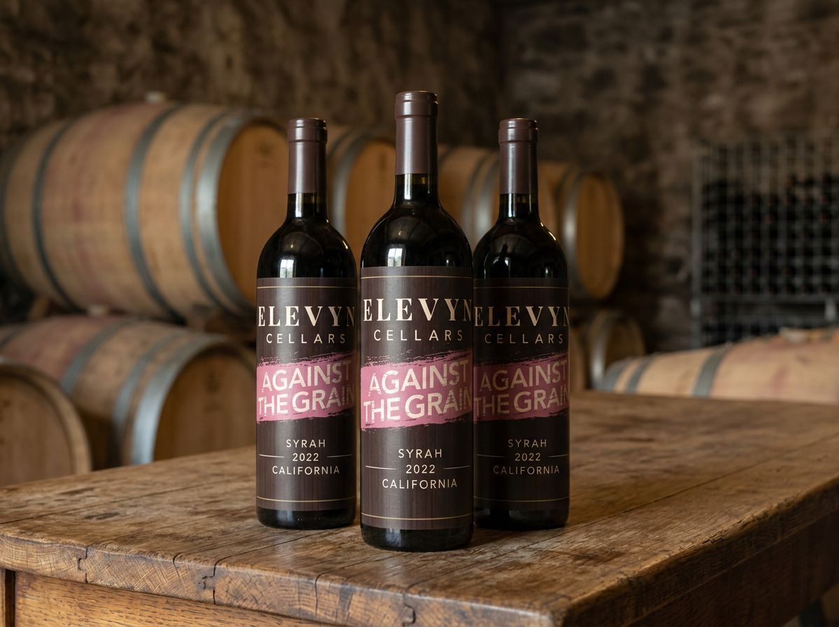 Three wine bottles on a rustic table in a barrel room