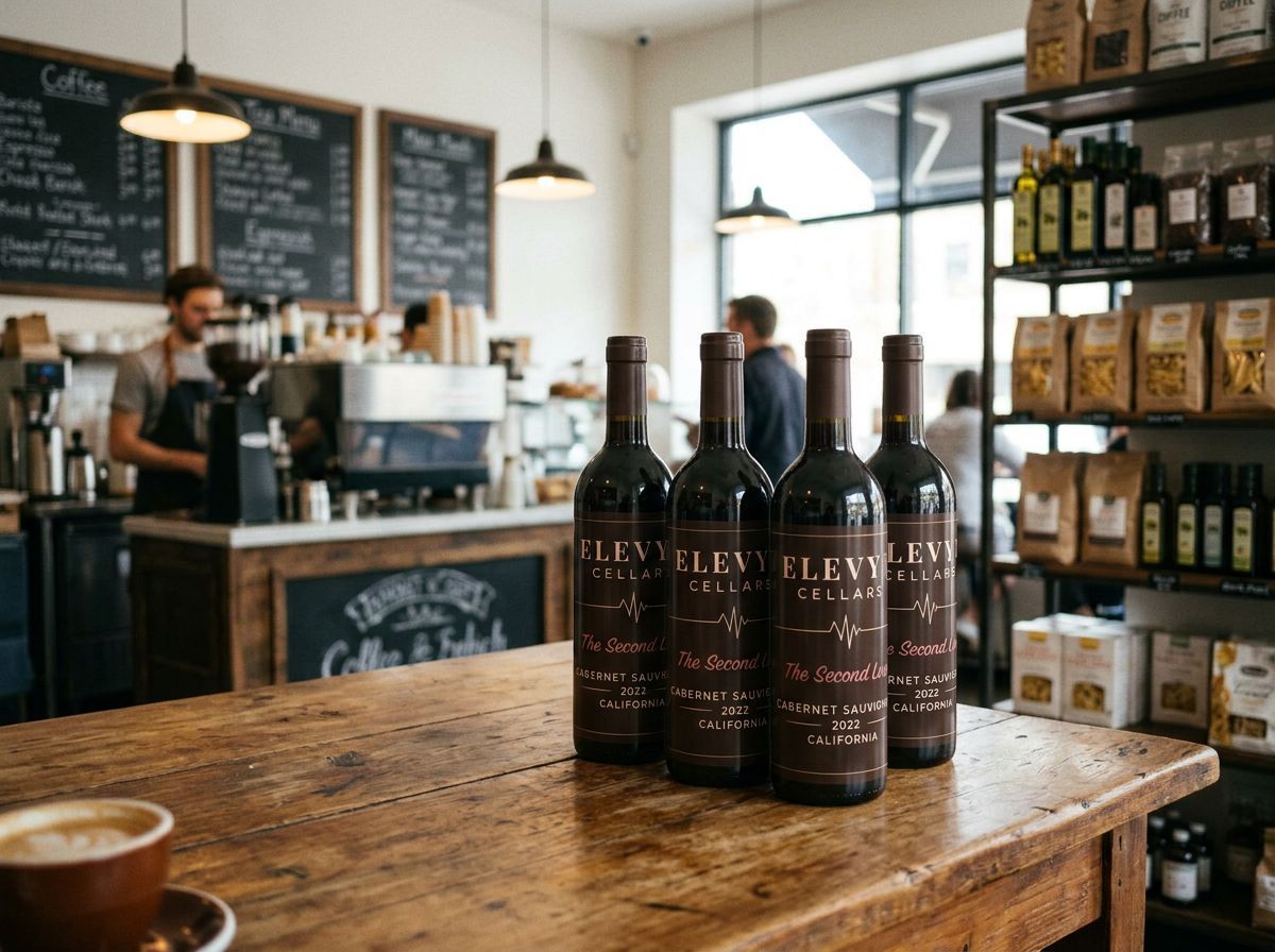 Five dark bottles on a wooden counter in a rustic coffee shop with a barista in the background