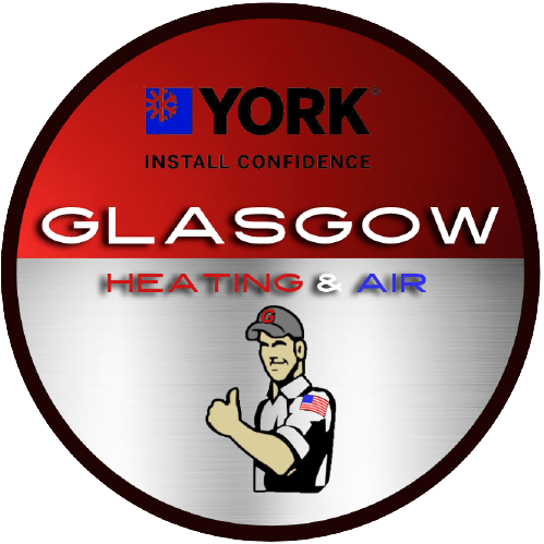 York-certified Glasgow Heating & Air logo: man giving thumbs up. Red/silver circle with text and logo.