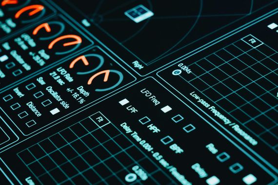A digital software interface for audio sound design with glowing blue controls, dials, and data grids on a dark background. AI