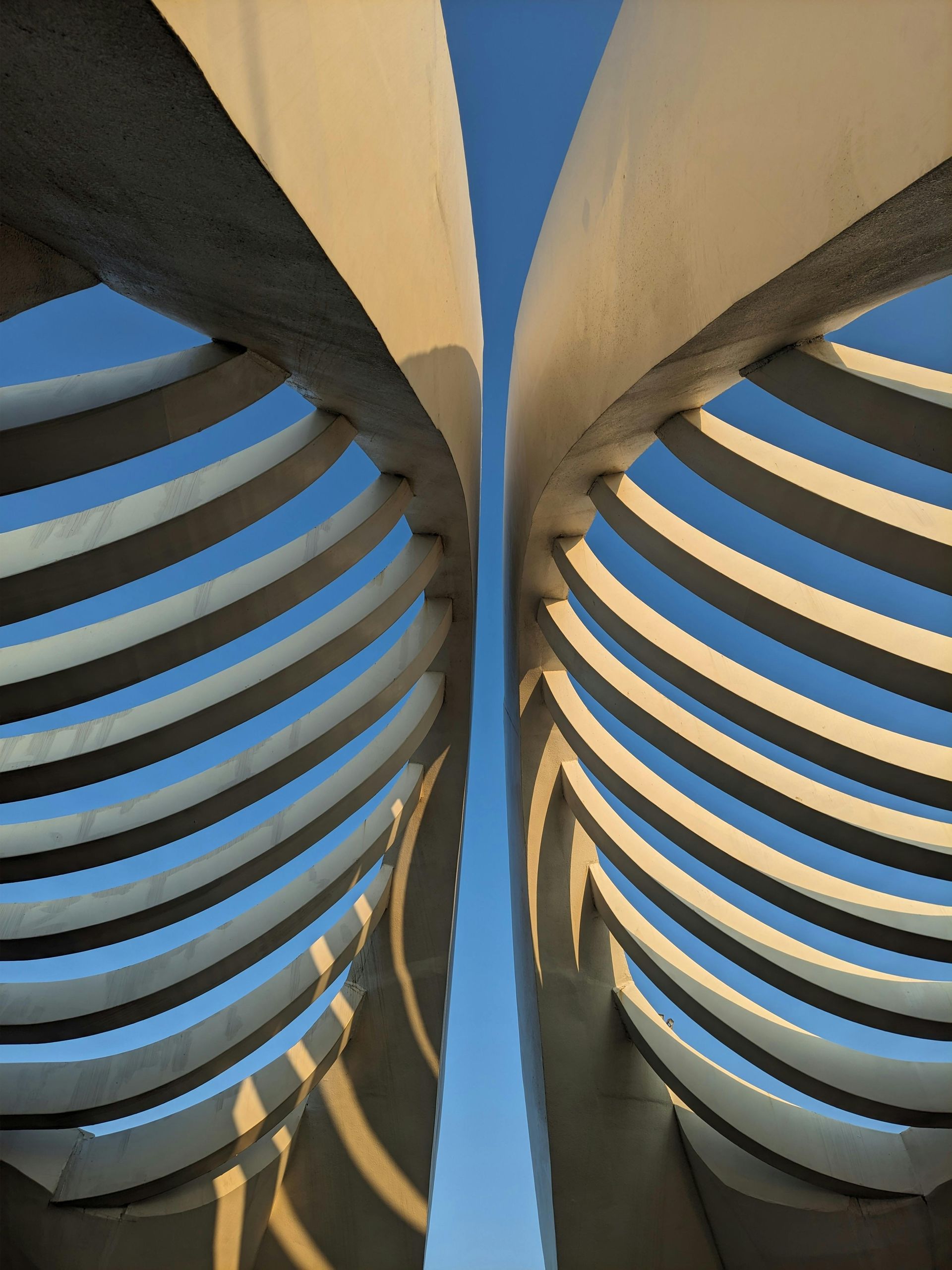 Two symmetrical, curved architectural structures with rib-like slats framing a bright blue sky.