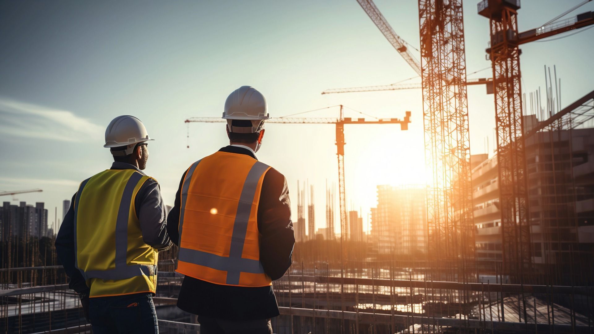 Two construction workers in hard hats and safety vests at a building site at sunset, with cranes in the background.