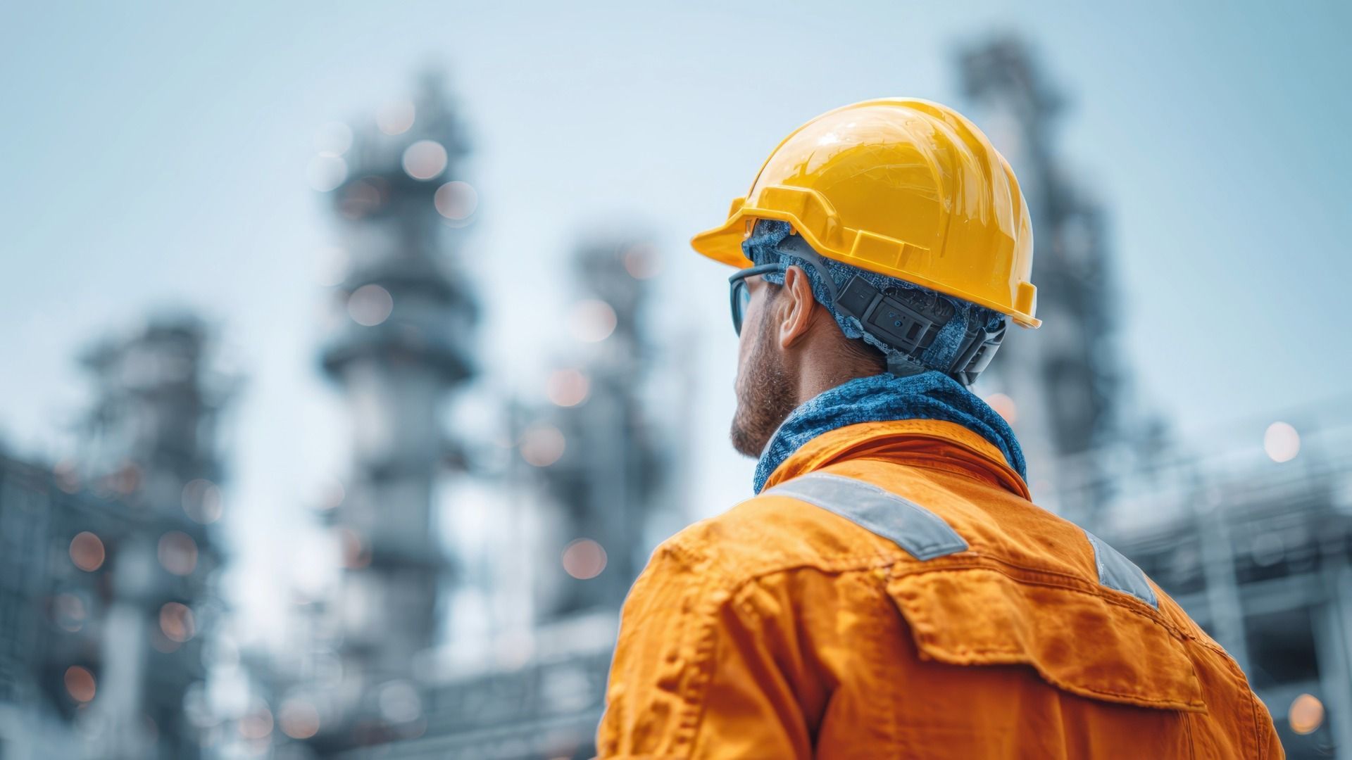 Worker in a yellow hard hat and orange jacket at an industrial site, seen from behind.