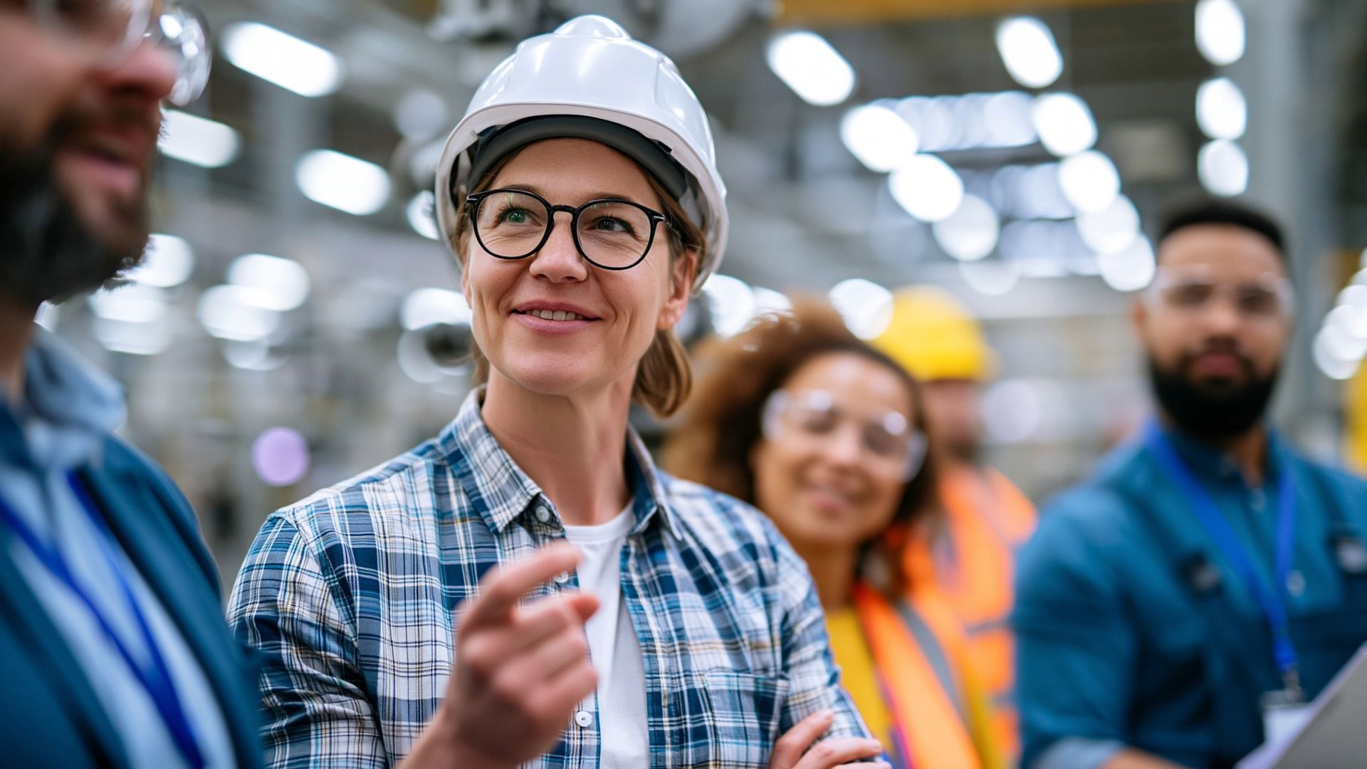 Worker in white hard hat and glasses speaking on a factory floor, with colleagues blurred in the background
