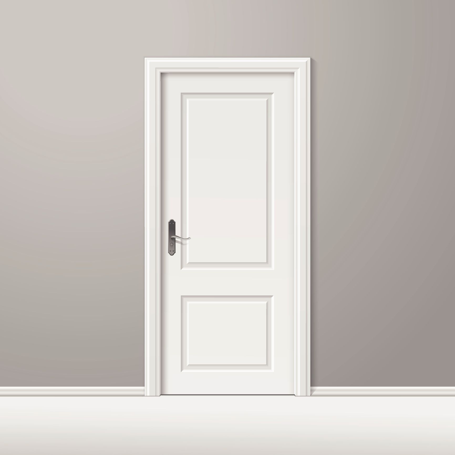 Porta interna bianca con telaio bianco, contro una parete grigia e un pavimento bianco.