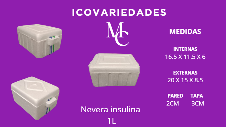 Caja térmica blanca para nevera de insulina, fondo morado con medidas y vistas del producto