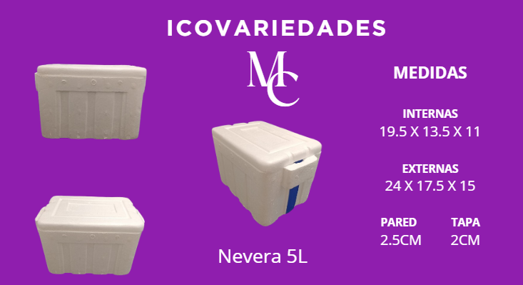 Folleto morado de nevera térmica 5L con fotos del producto y medidas internas y externas.