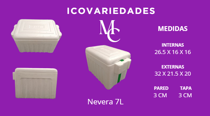 Gráfico de producto de color morado que muestra una nevera portátil blanca con medidas y dimensiones en español.