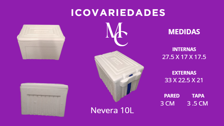 Anuncio morado de Icoviaderades para una nevera portátil de 10 litros, que muestra las dimensiones y las vistas del producto.