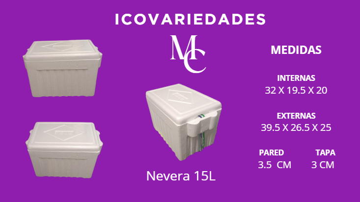Morada blanca de 15L sobre fondo morado, con medidas internas y externas impresas.