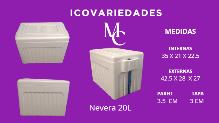 Nevera portátil blanca de 20L sobre fondo morado con medidas y marca MC.