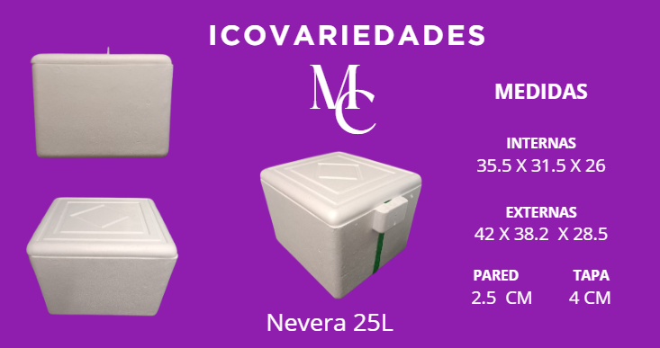 Catálogo de nevera 25L blanca con medidas e ilustraciones sobre fondo morado
