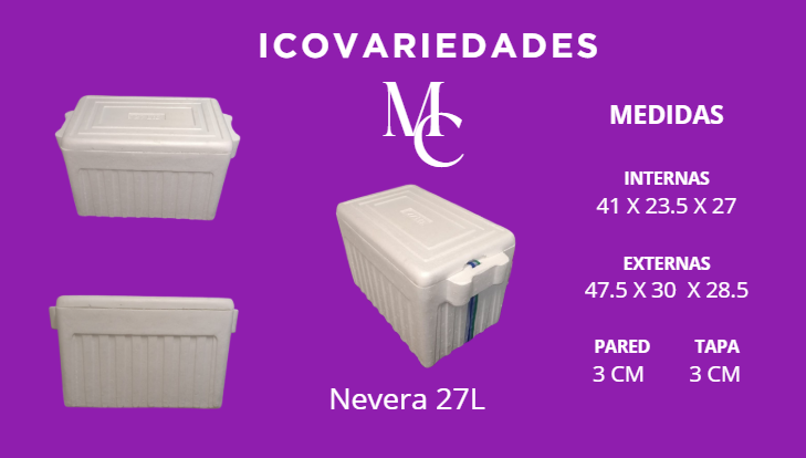 Catálogo morado de nevera 27L blanca con medidas internas y externas, vistas frontal y lateral.