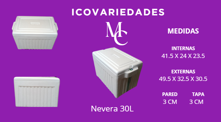 Contenedor de nieve blanco de 30 litros sobre fondo morado, con las dimensiones internas y externas del producto.