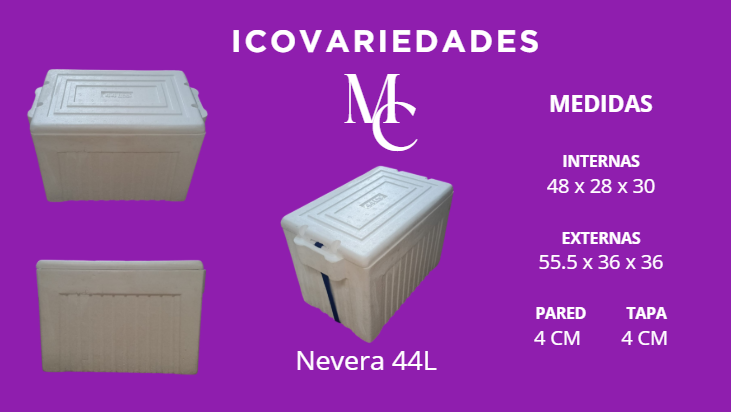 Névera 44L blanca con medidas internas y externas sobre fondo morado, vista desde varios ángulos