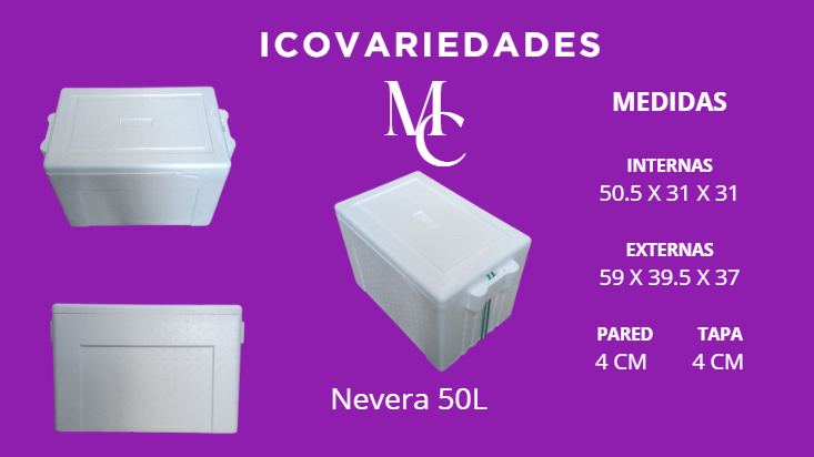 Vitrina blanca “Nevera 50L” con medidas internas y externas sobre fondo morado.