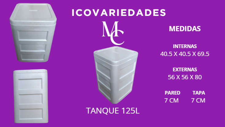 Tanque plástico blanco 125L sobre fondo morado con medidas internas y externas.