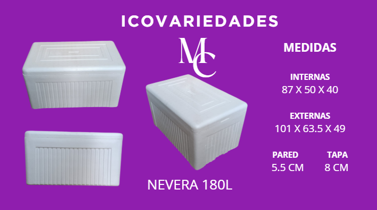 Catálogo morado de nevera 180L blanca, con fotos y medidas internas y externas.