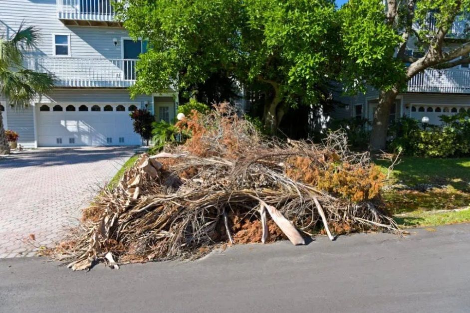 A pile of wood is sitting on the side of the road in front of a house.