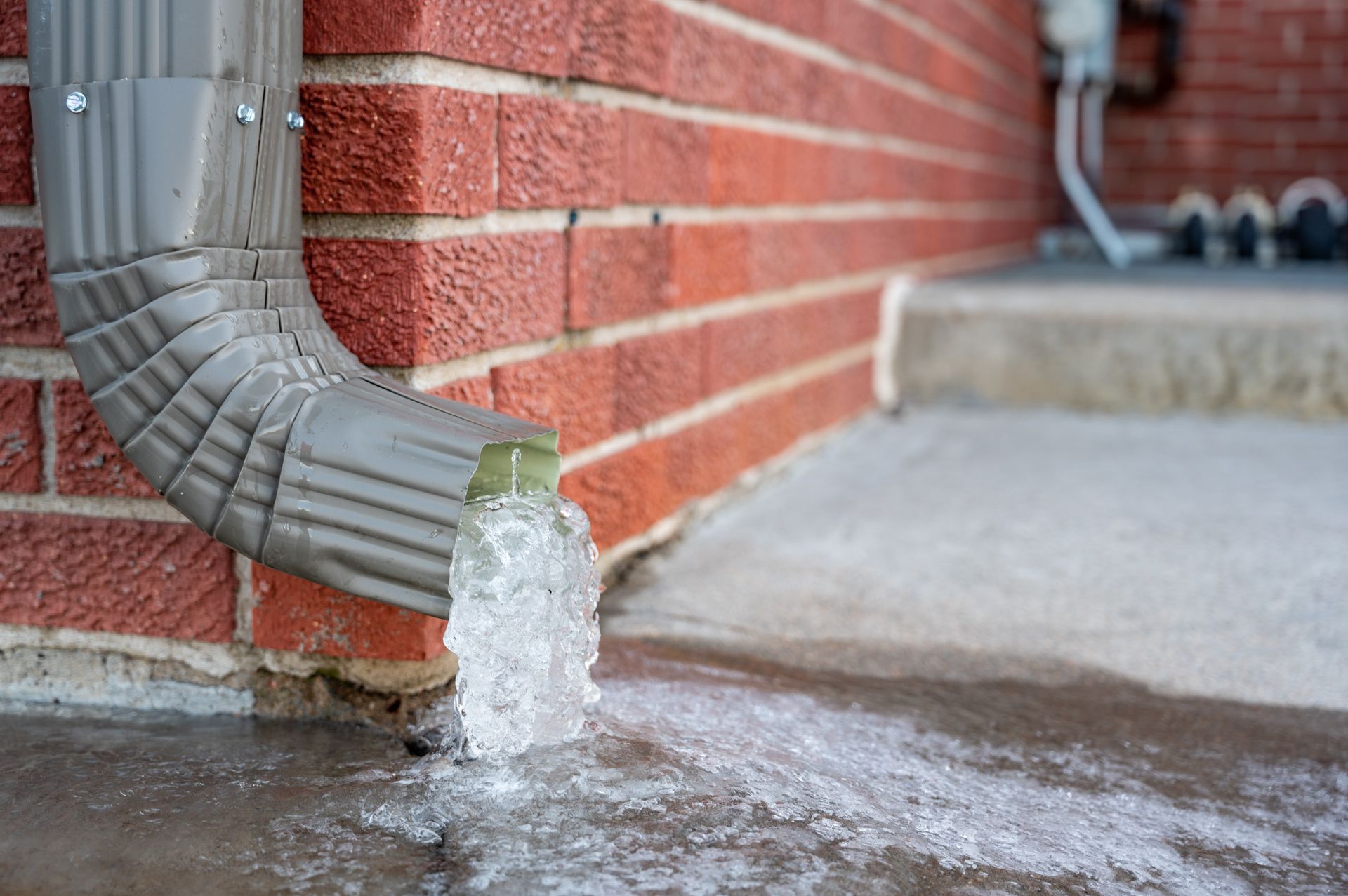 Frozen water pouring from a gray downspout onto concrete beside a red brick wall